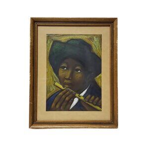 60s - 70s Flute Player pastel painting by Arturo Nieto, Quito Ecuador